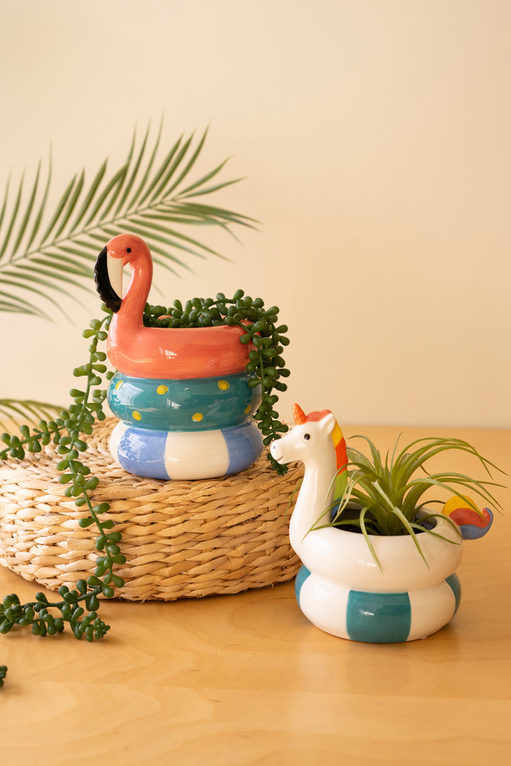 Set of 2 Ceramic Flamingo and Unicorn Floatie Vases