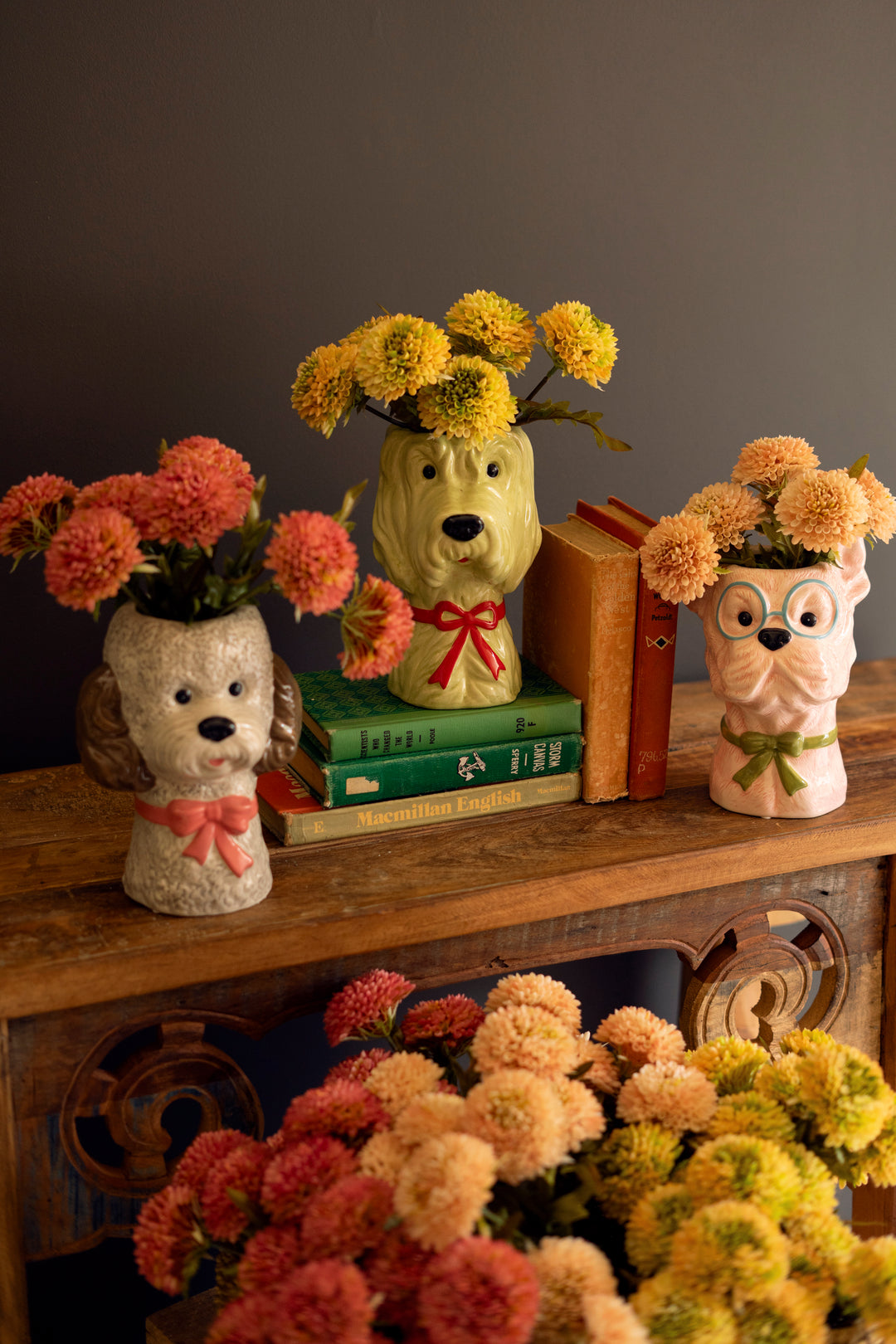 Set of 3 Ceramic Dog with Bows Vases