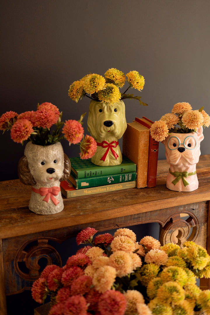 Set of 3 Ceramic Dog with Bows Vases