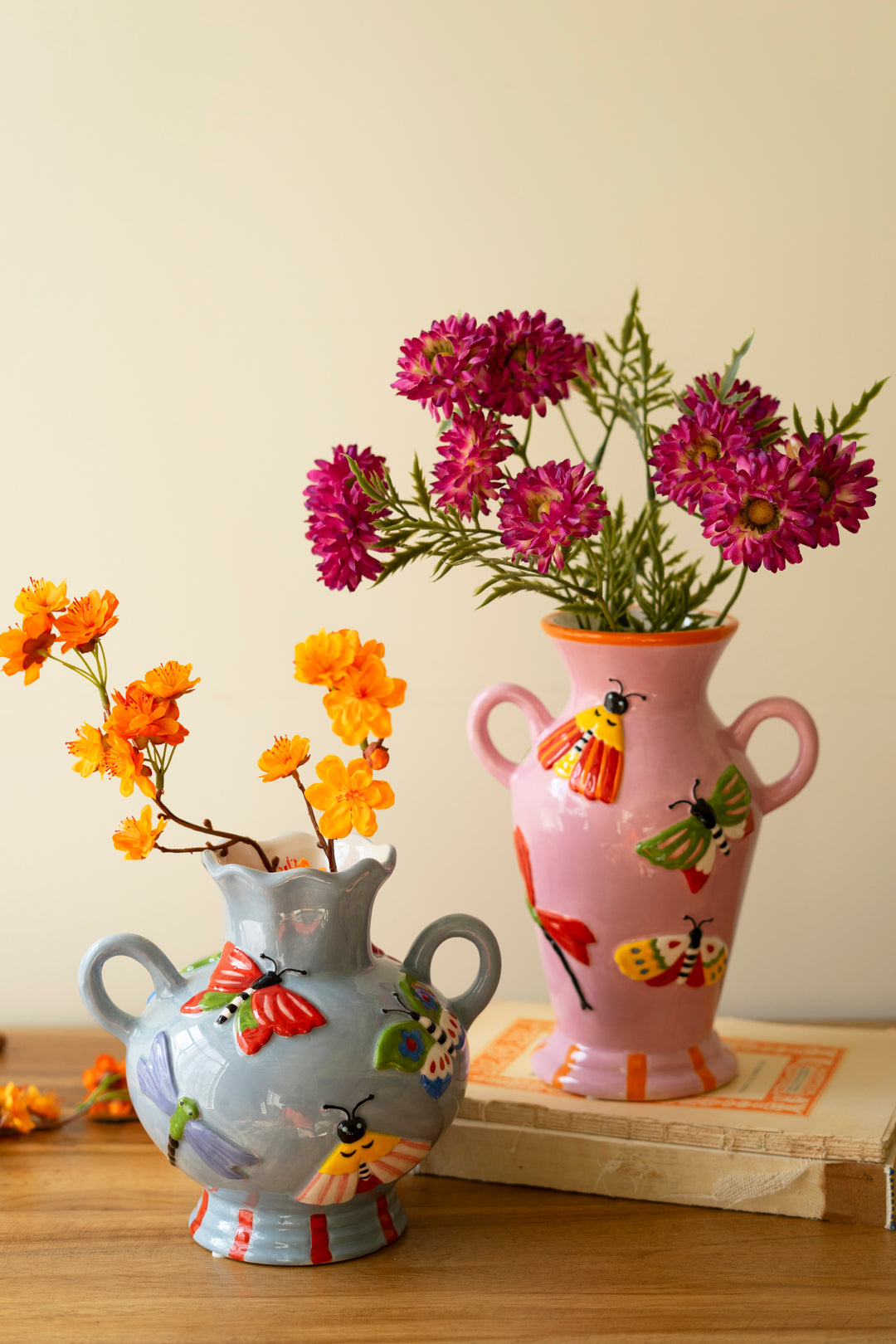 Set of 2 Ceramic Butterfly and Moth Vases