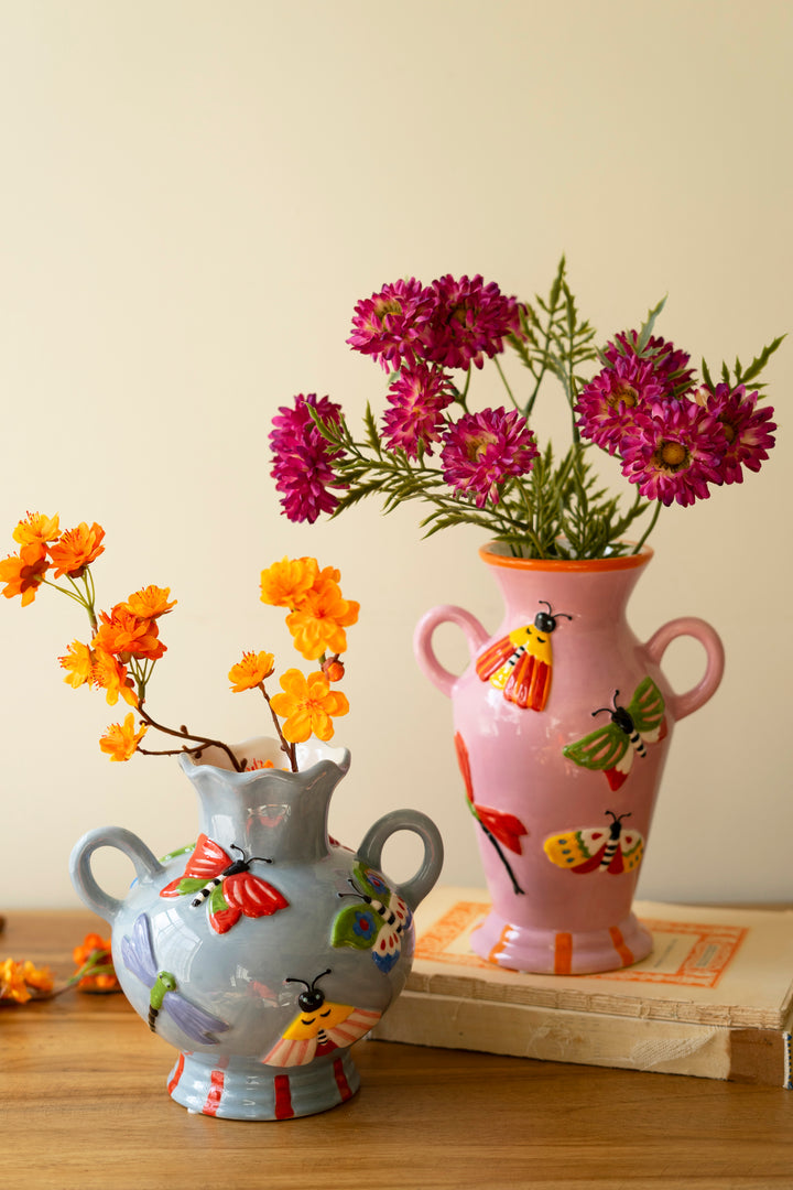 Set of 2 Ceramic Butterfly and Moth Vases