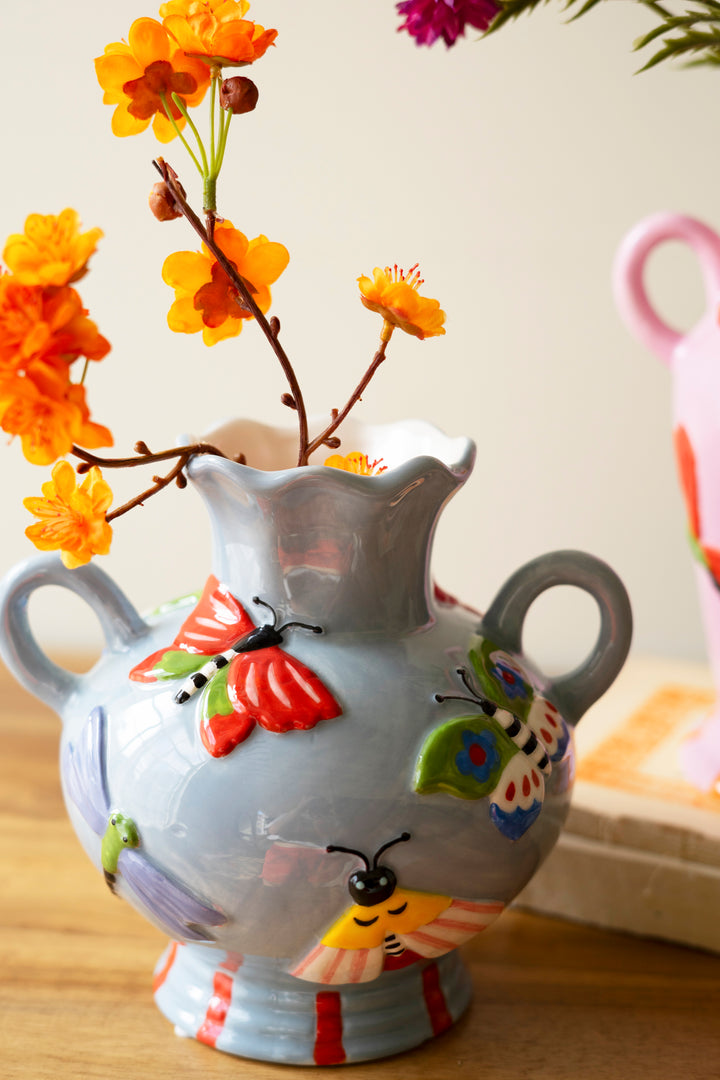 Set of 2 Ceramic Butterfly and Moth Vases