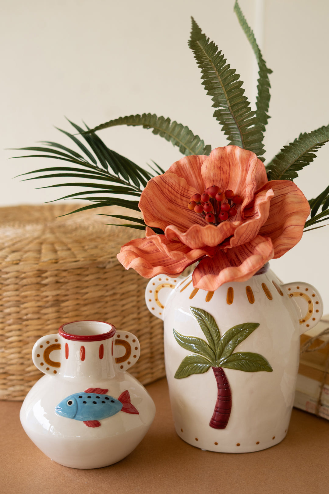 Set of 2 Ceramic Fish and Palm Tree Vases