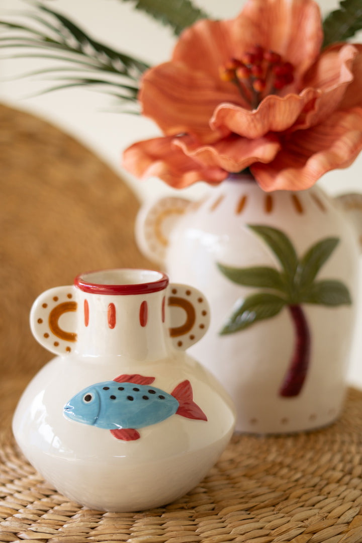Set of 2 Ceramic Fish and Palm Tree Vases