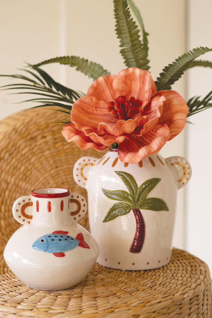 Set of 2 Ceramic Fish and Palm Tree Vases
