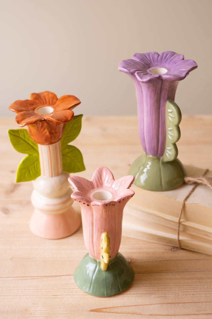 Set of 3 Ceramic Flower Candle Holders