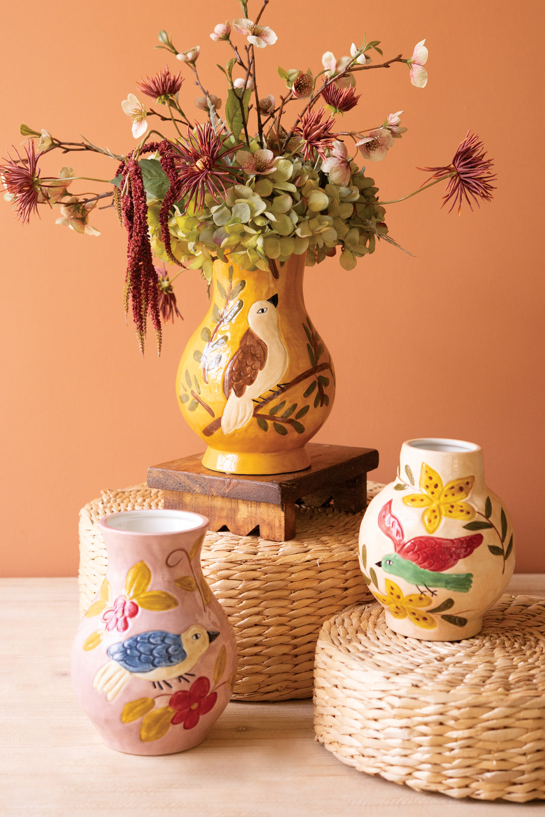 Set of 3 Ceramic Bird Vases