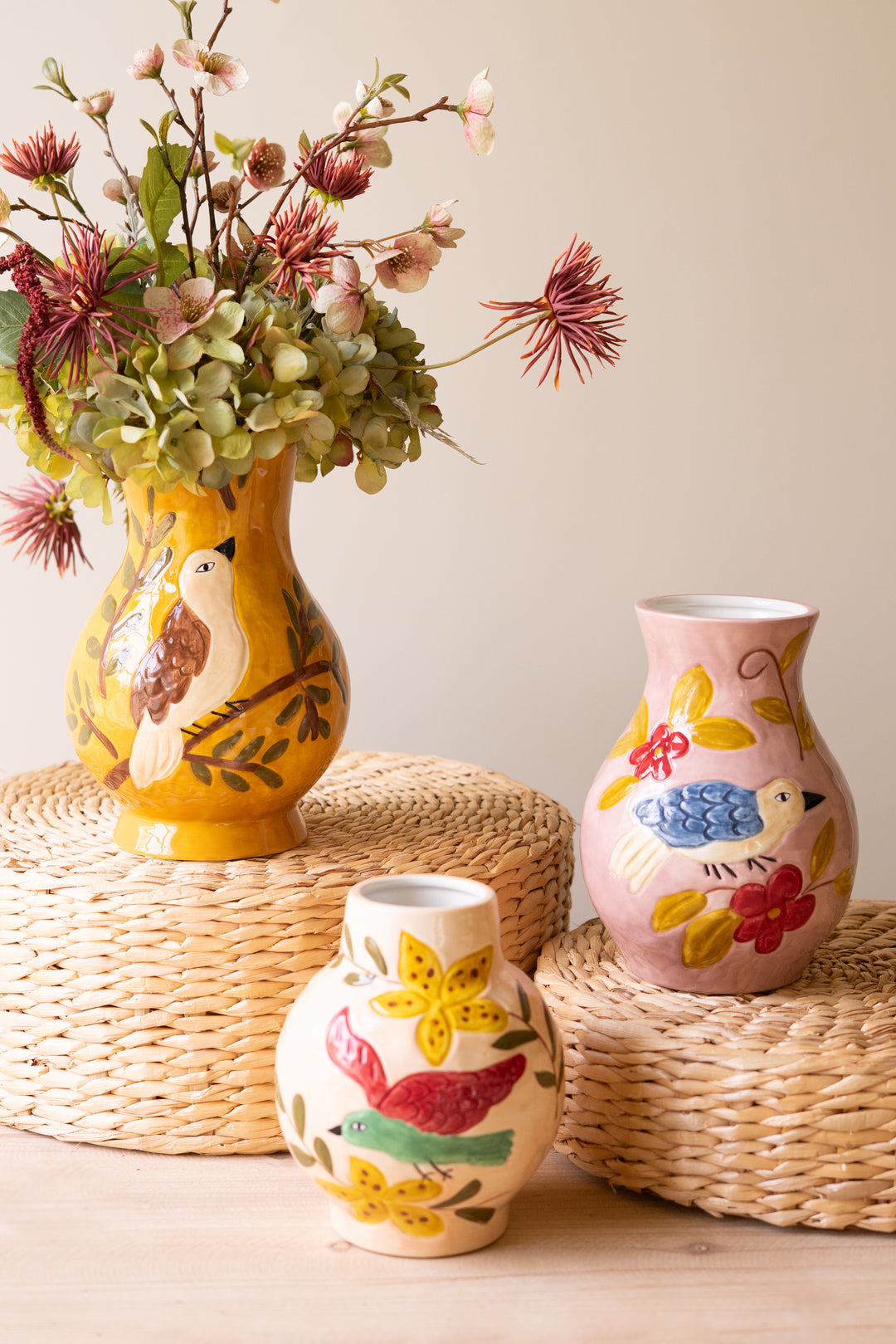 Set of 3 Ceramic Bird Vases
