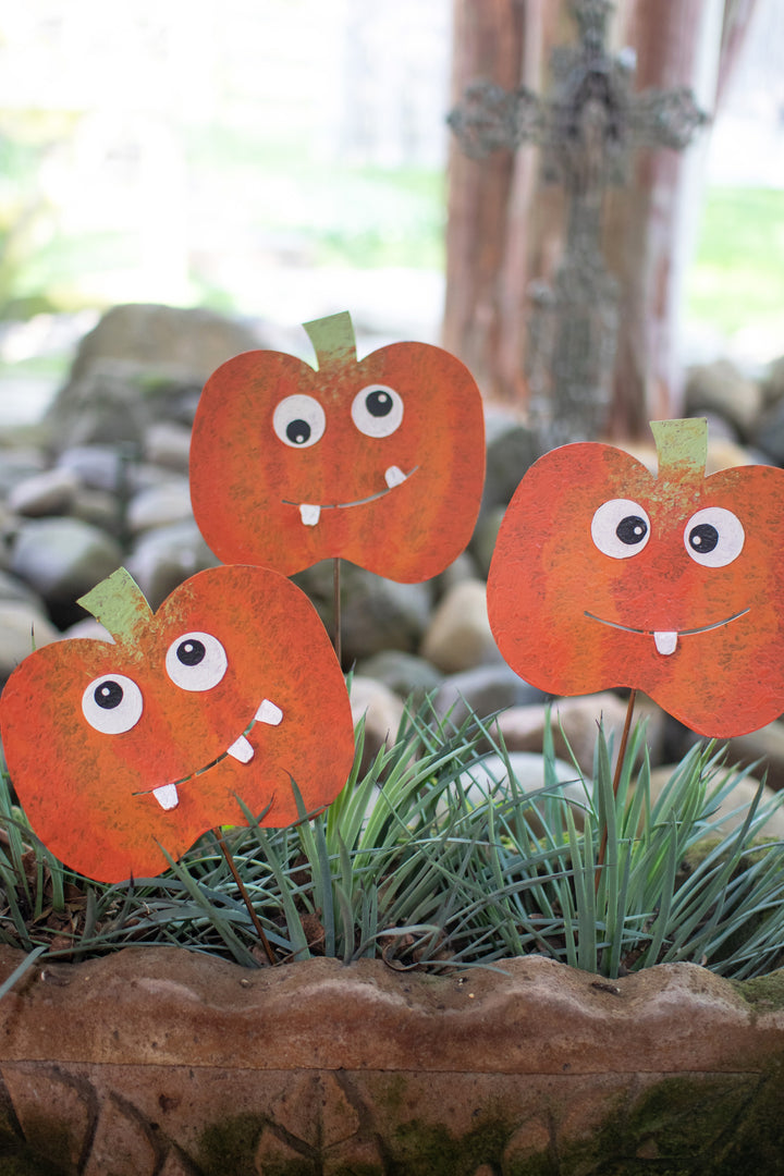 Set of 3 Painted Metal Jack-O-Lantern Yard Stakes