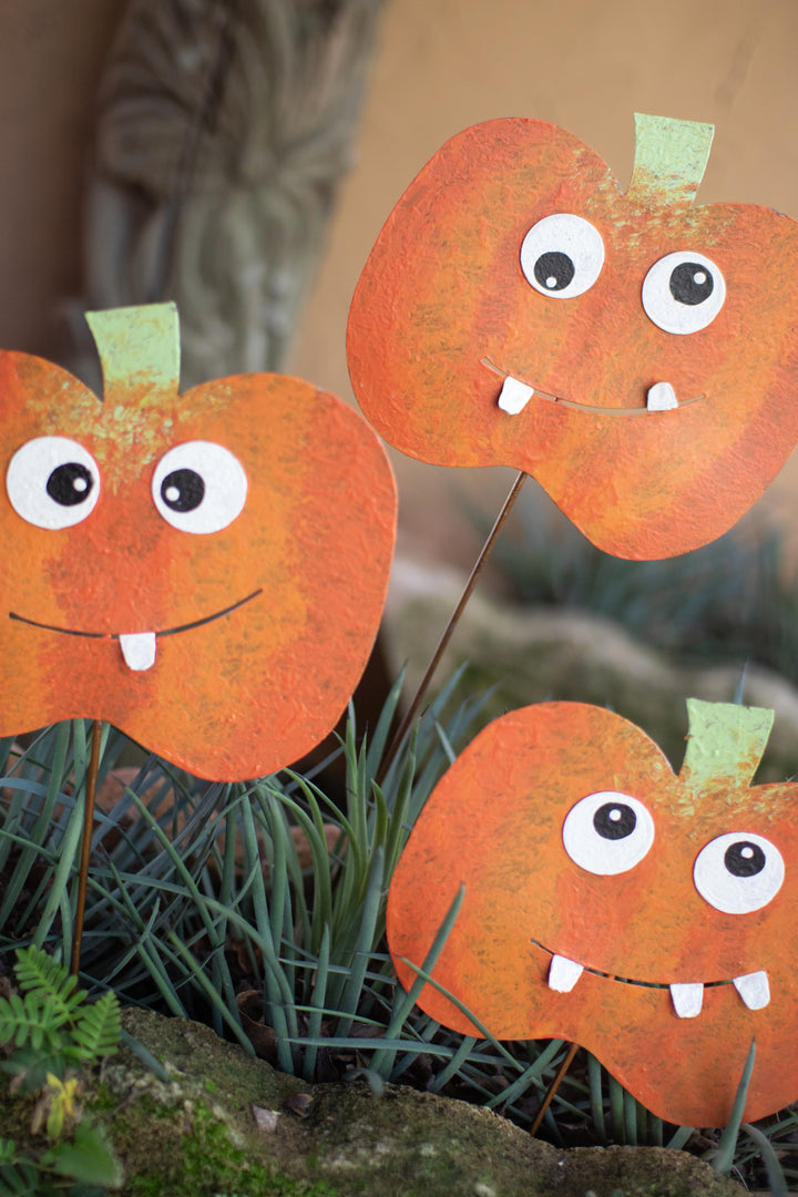 Set of 3 Painted Metal Jack-O-Lantern Yard Stakes