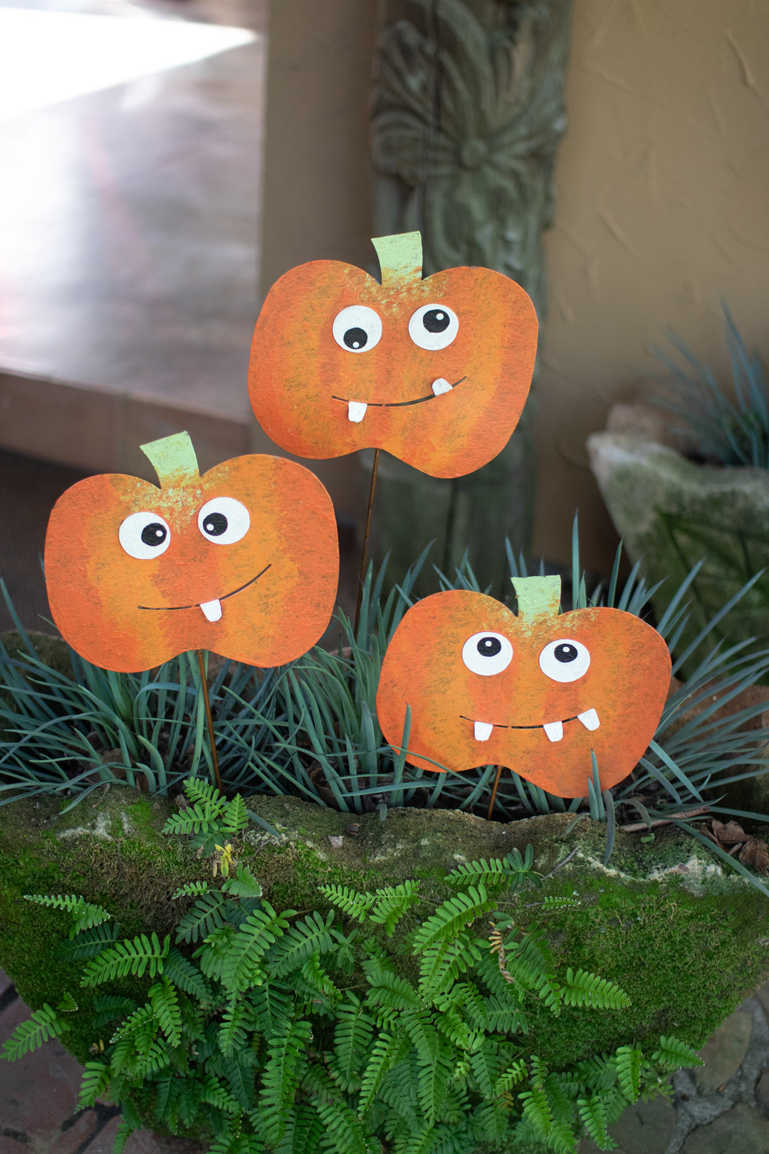 Set of 3 Painted Metal Jack-O-Lantern Yard Stakes