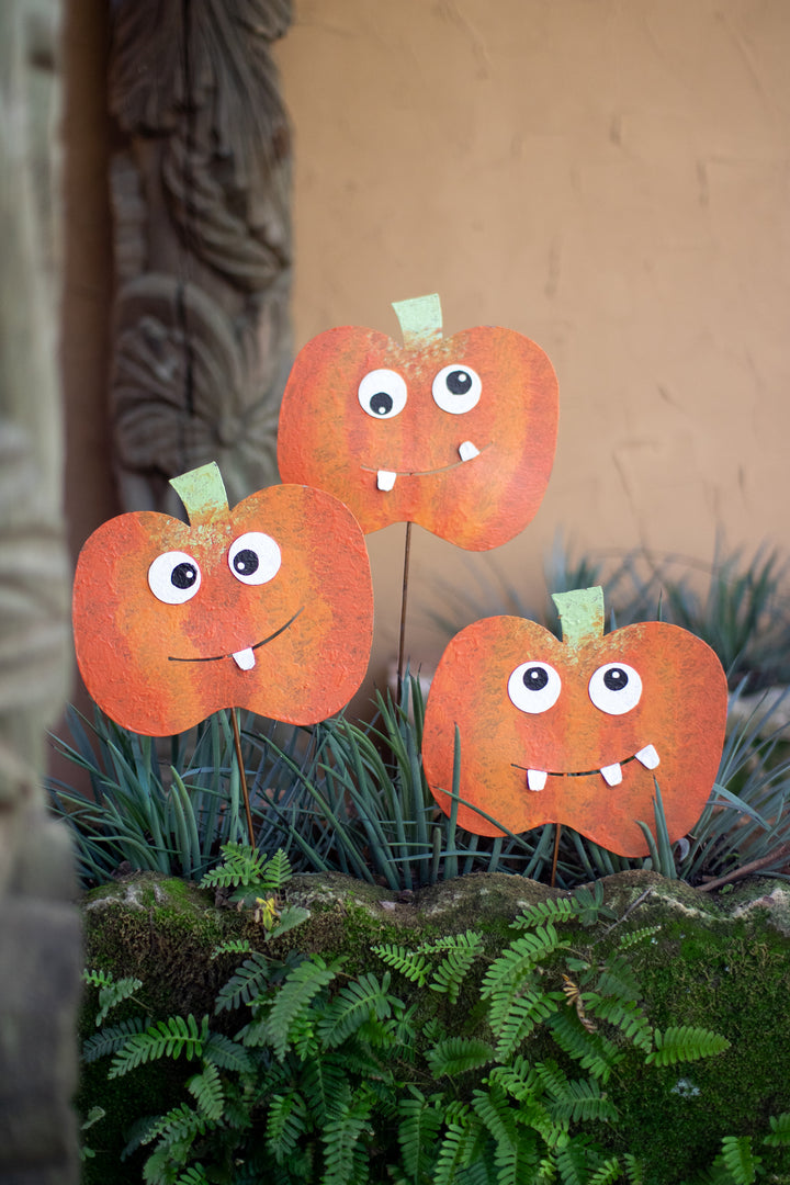 Set of 3 Painted Metal Jack-O-Lantern Yard Stakes