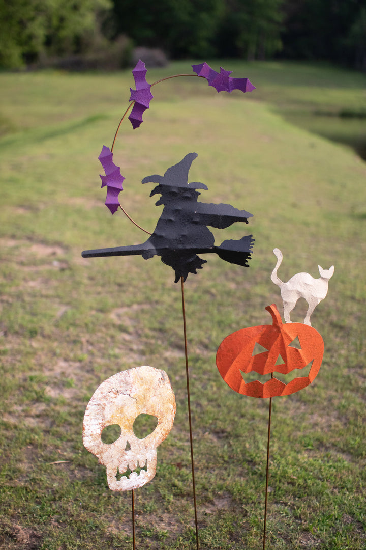 Set of 3 Painted Metal Witch, Skull and Pumpkin Stakes