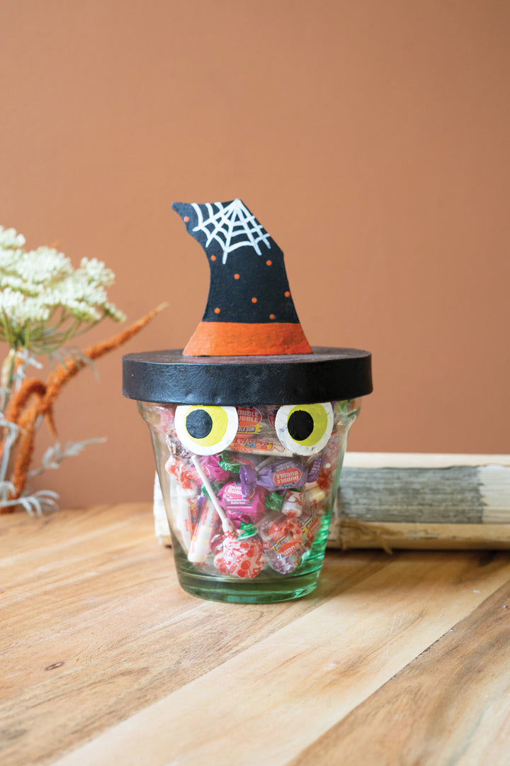 Painted Metal Witch Hat with Glass Pot