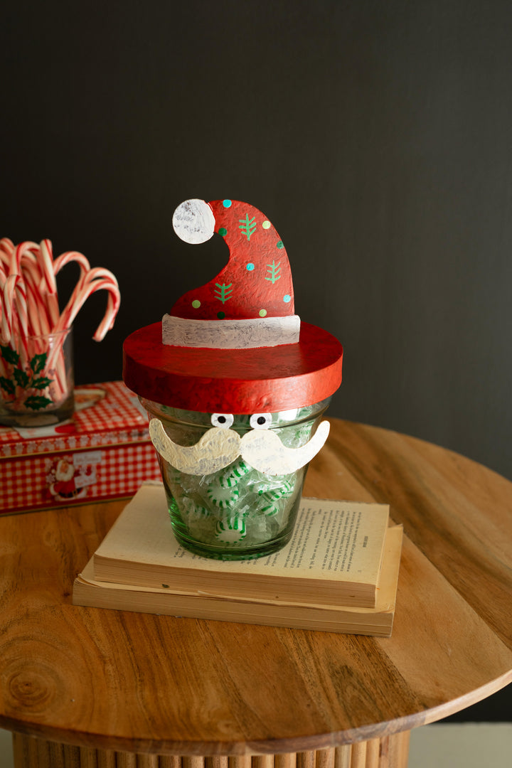 Painted Metal Santa Hat with Glass Pot