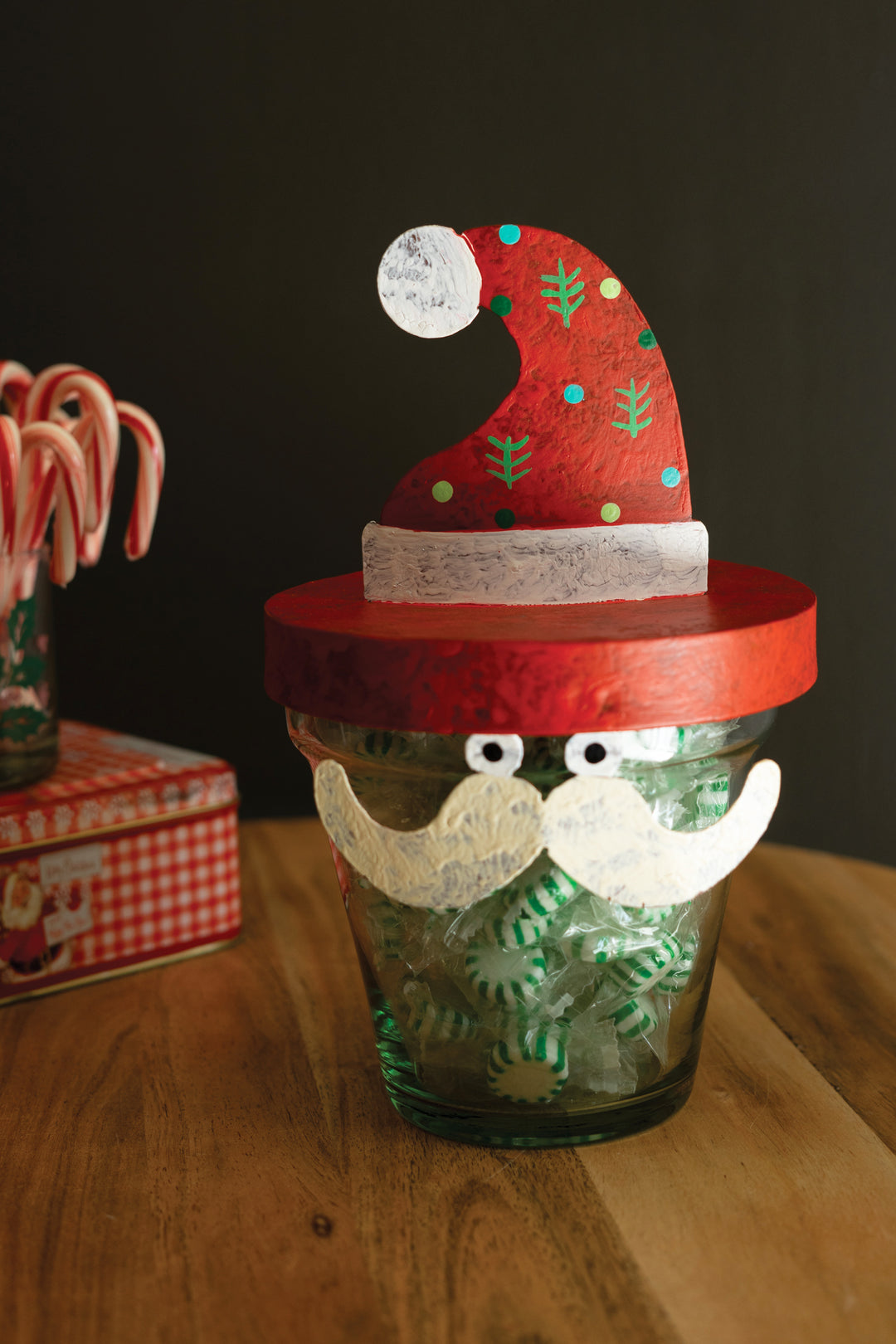 Painted Metal Santa Hat with Glass Pot