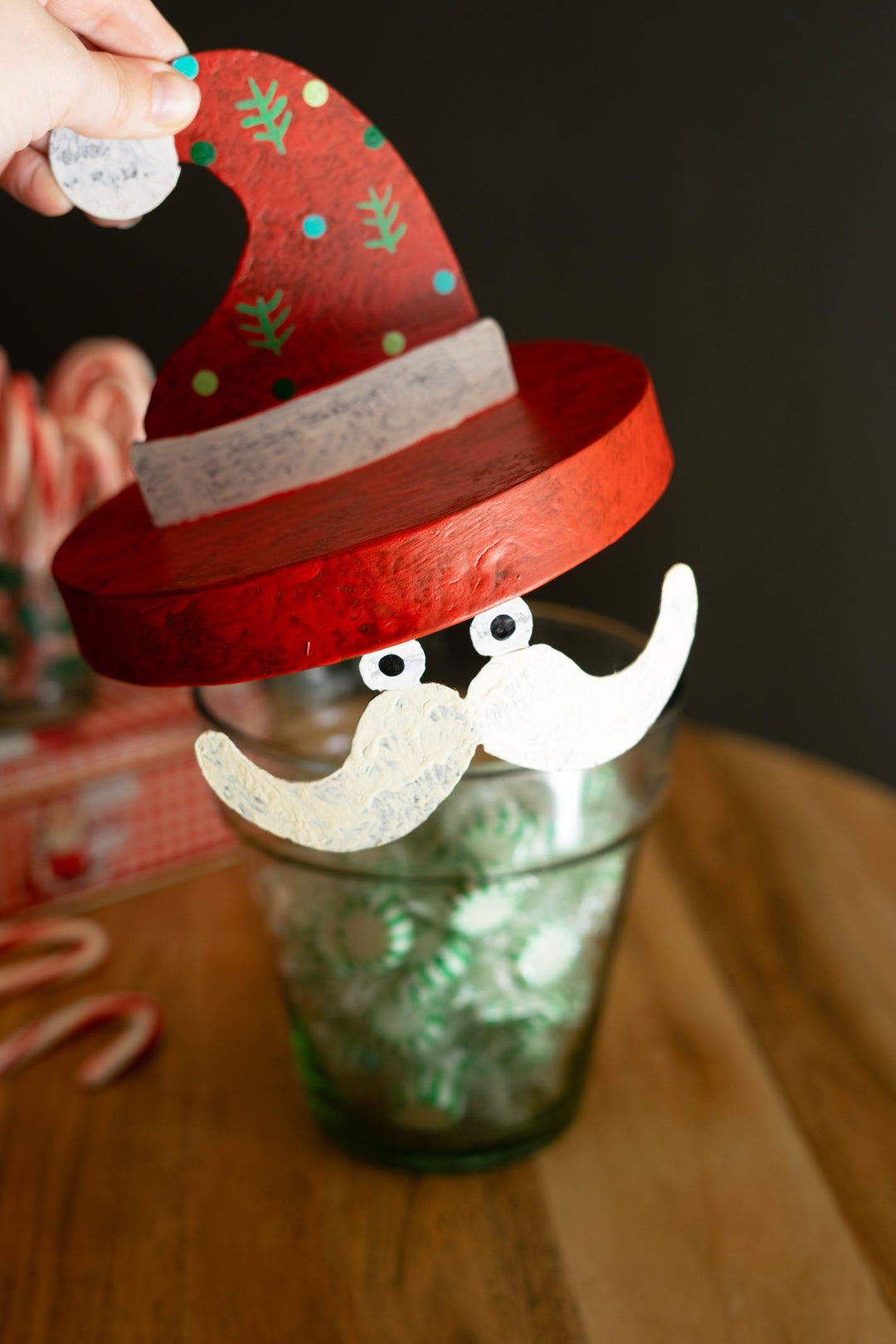 Painted Metal Santa Hat with Glass Pot