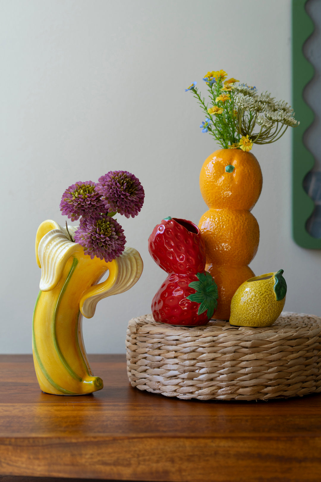 Set of 3 Strawberry, Orange and Lemon Ceramic Bud Vases