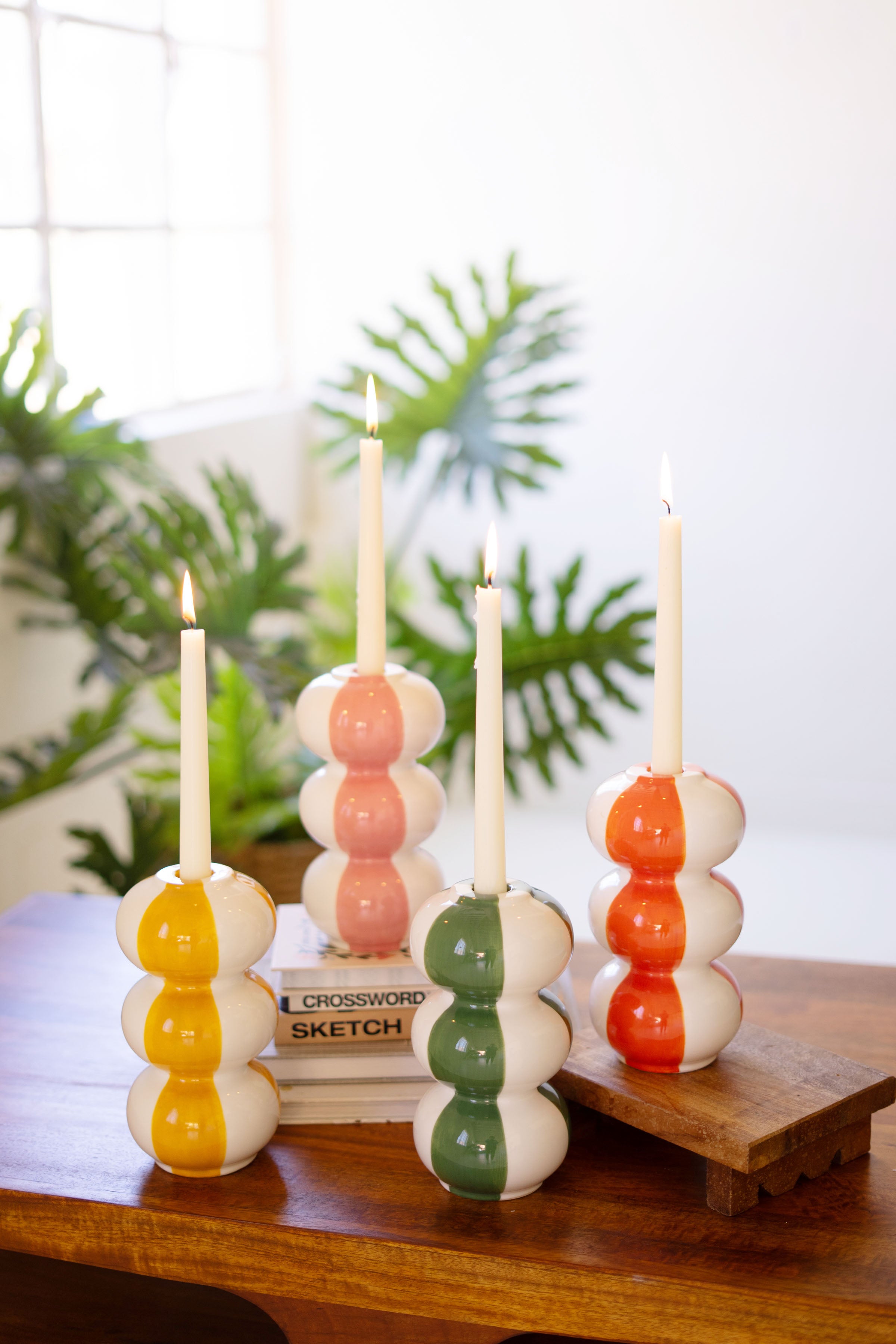 Set of 4 Ceramic Striped Taper Candle Holders