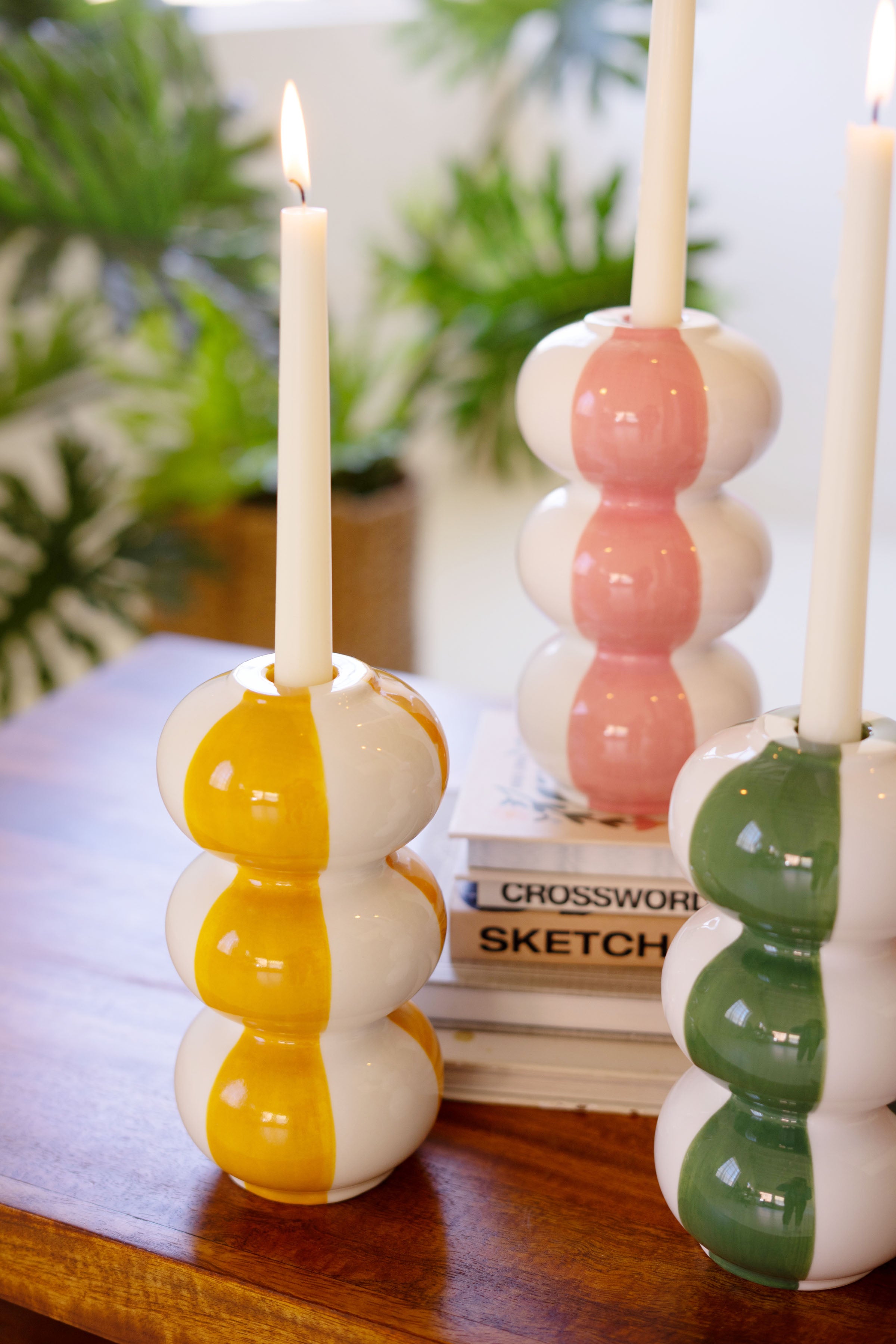 Set of 4 Ceramic Striped Taper Candle Holders - Thumbnail 3