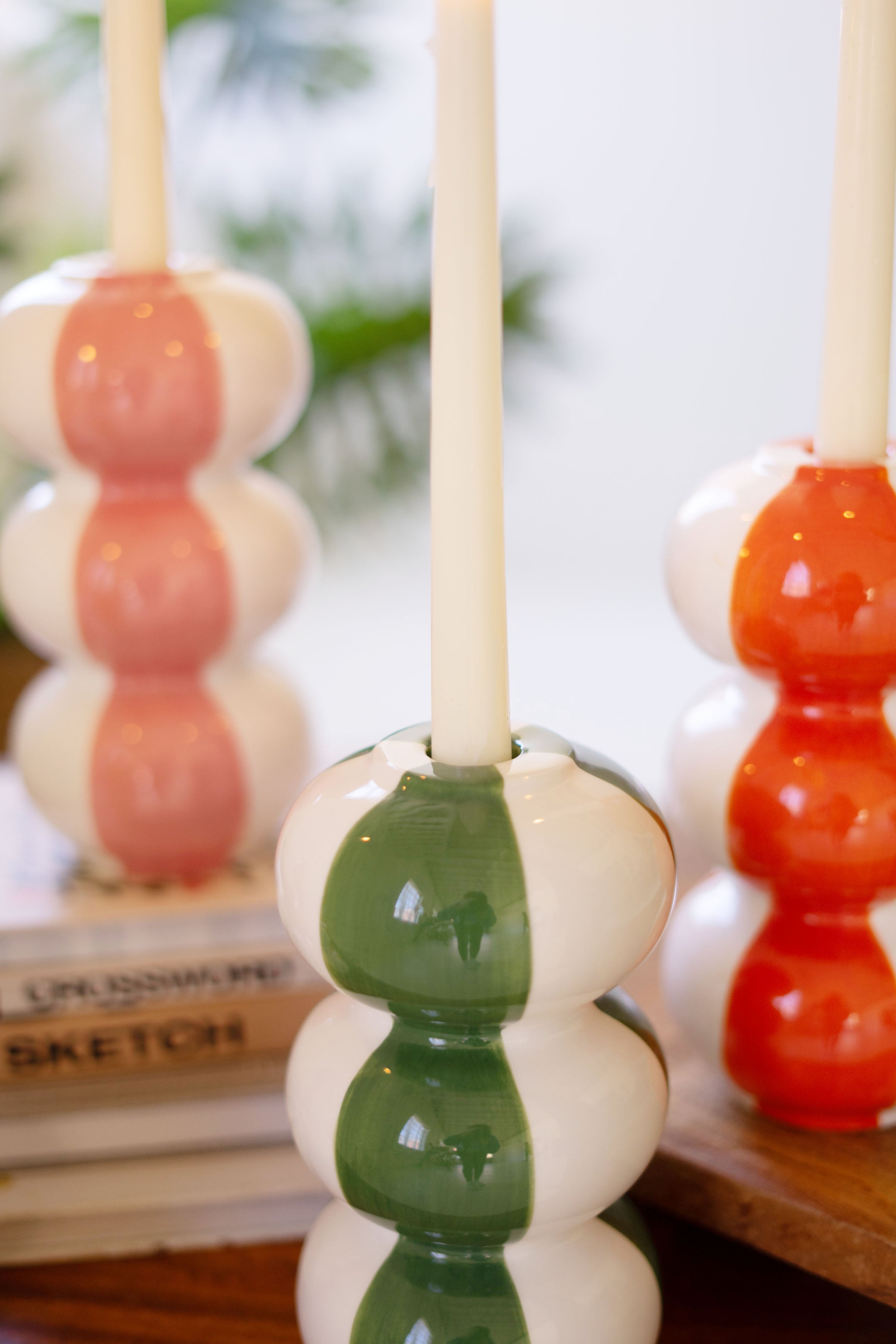 Set of 4 Ceramic Striped Taper Candle Holders - Thumbnail 2