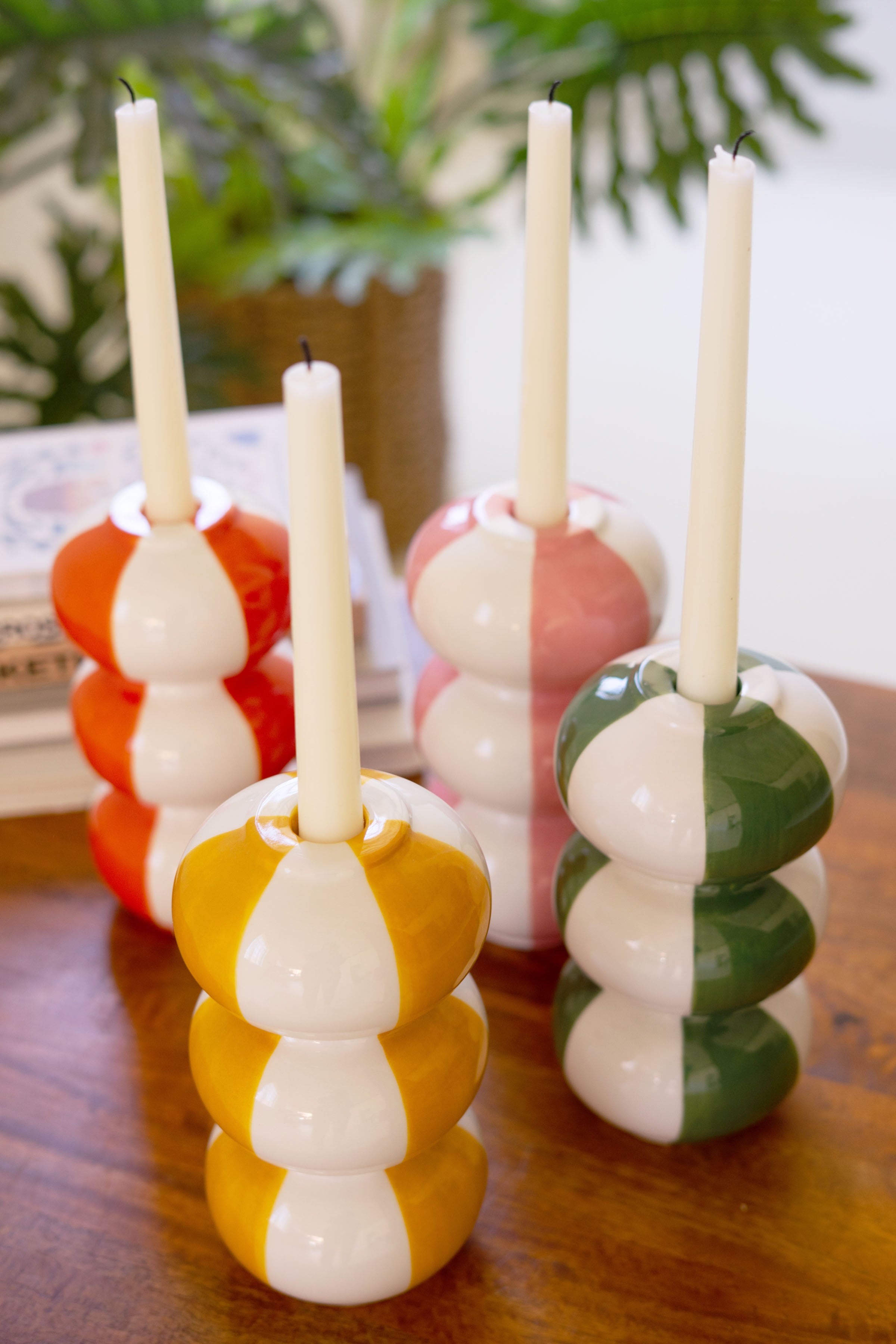 Set of 4 Ceramic Striped Taper Candle Holders - Thumbnail 4