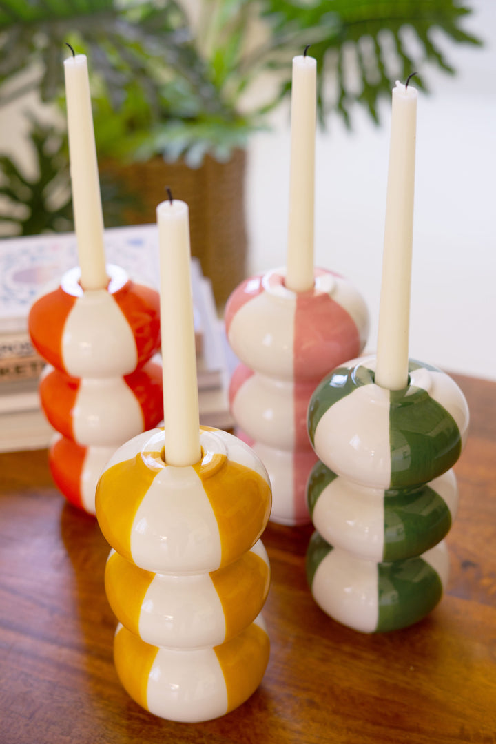 Set of 4 Ceramic Striped Taper Candle Holders