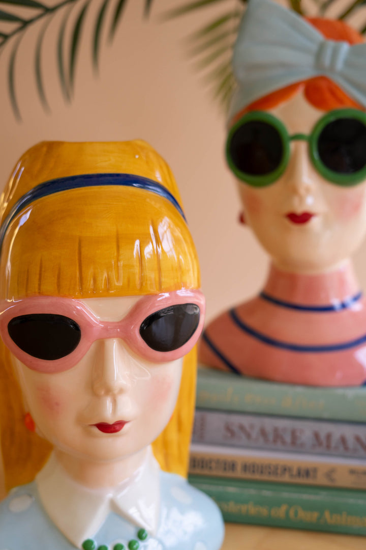 Set of 2 Ceramic Lady Vases with Sunglasses