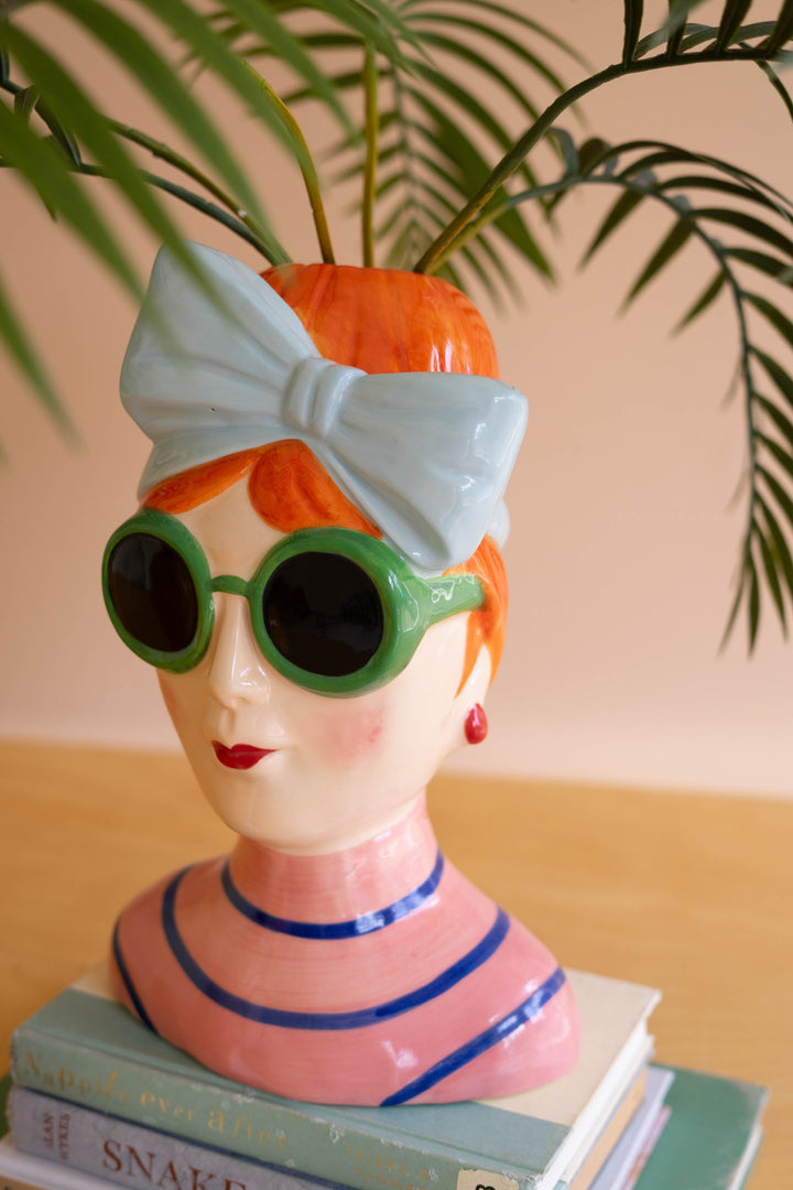 Set of 2 Ceramic Lady Vases with Sunglasses