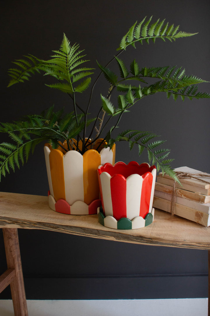 Set of 2 Striped Ceramic Flower Pots with Trays