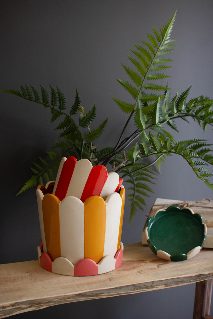 Set of 2 Striped Ceramic Flower Pots with Trays