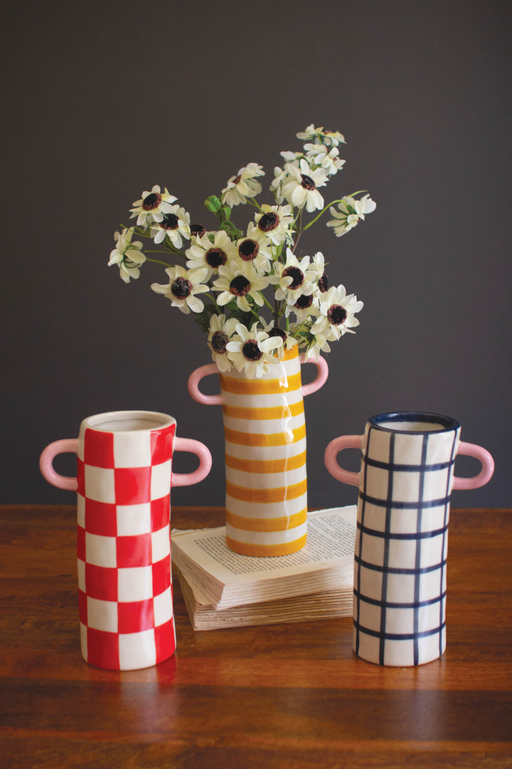 Set of 3 Patterned Ceramic Cylinder Vases with Handles