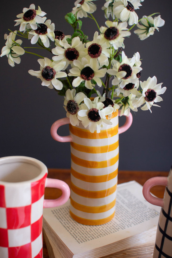 Set of 3 Patterned Ceramic Cylinder Vases with Handles