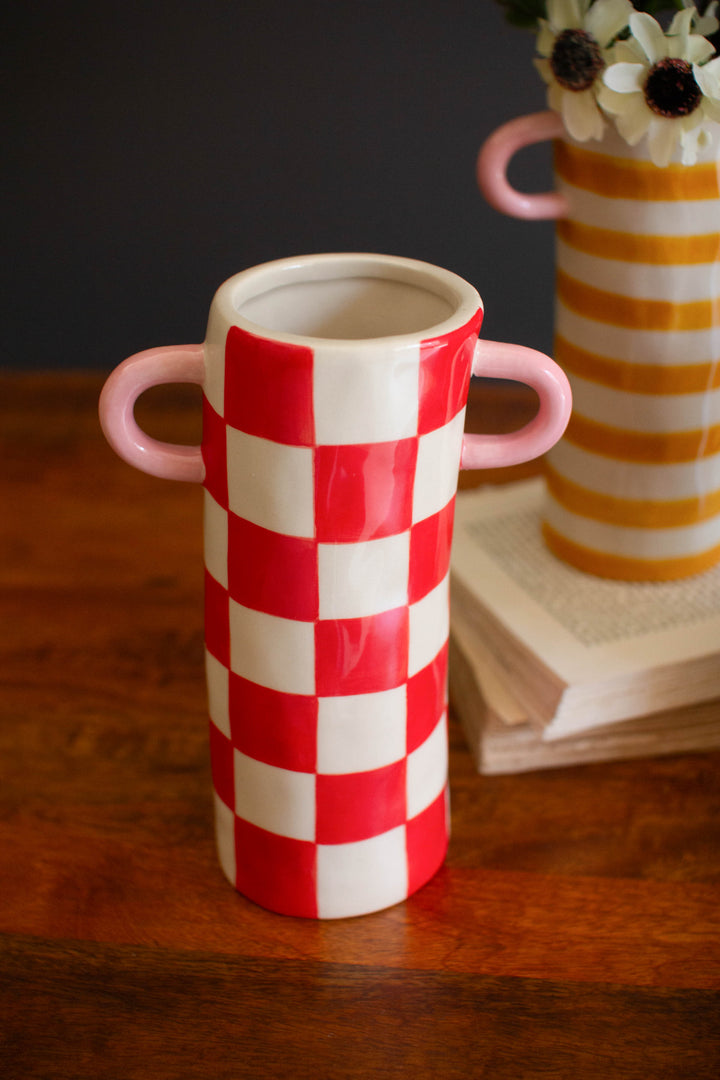 Set of 3 Patterned Ceramic Cylinder Vases with Handles