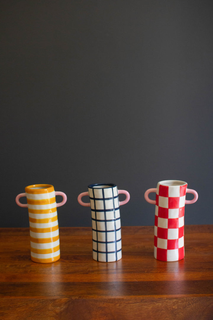 Set of 3 Patterned Ceramic Cylinder Vases with Handles
