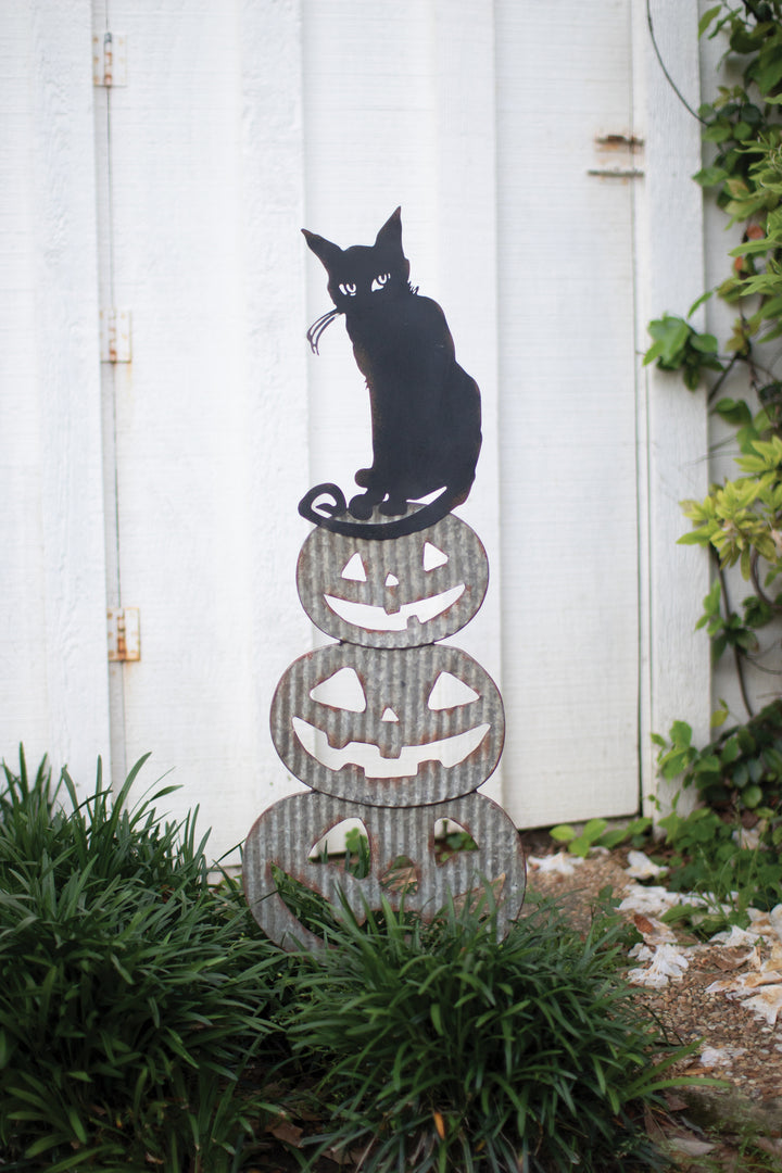 Stacking Painted Metal Jack-O-Lanterns with Cat Yard Art