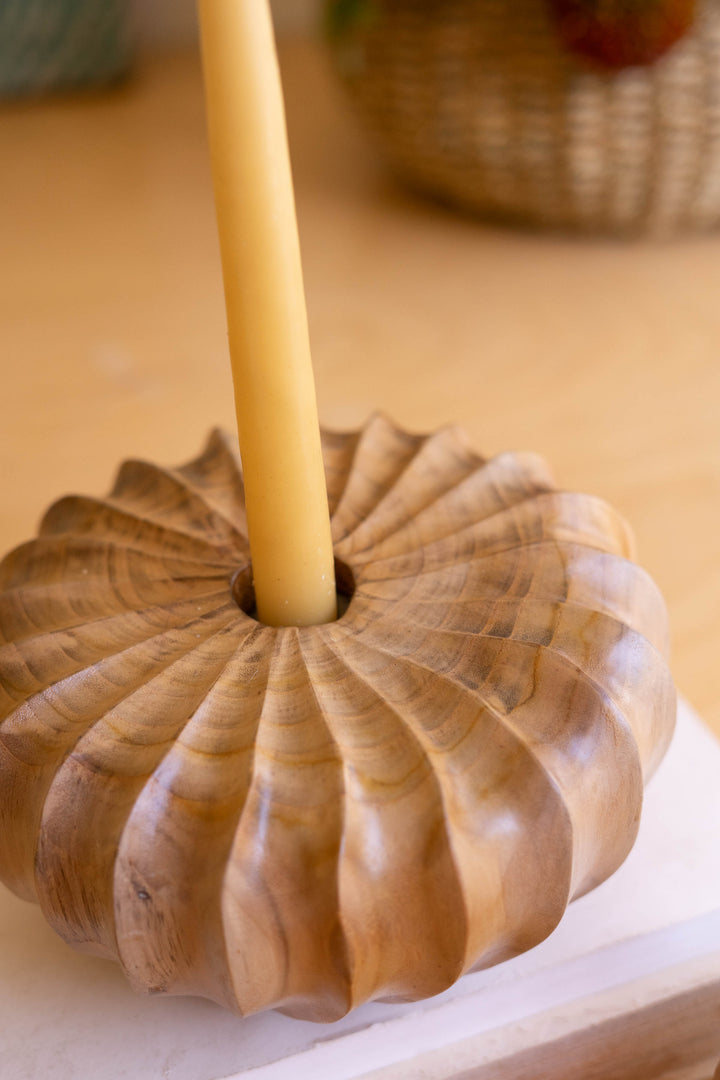 Set of 2 Carved Teakwood Pumpkins Taper Candleholders