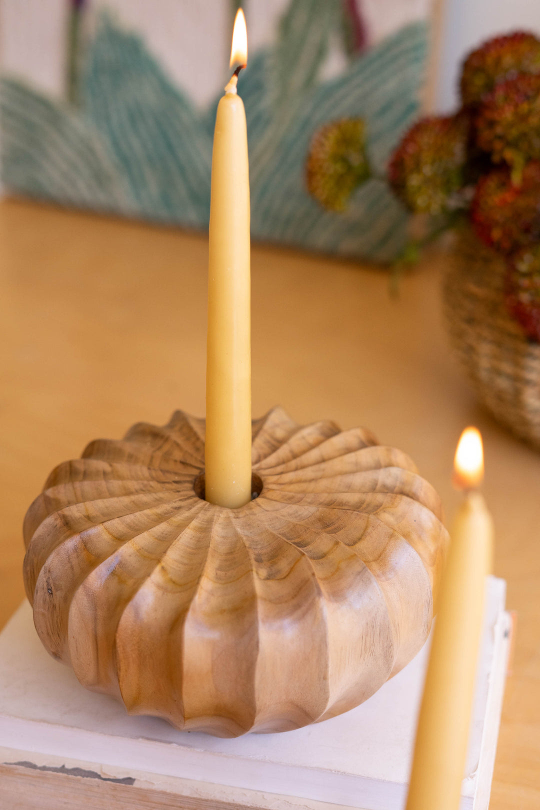Set of 2 Carved Teakwood Pumpkins Taper Candleholders