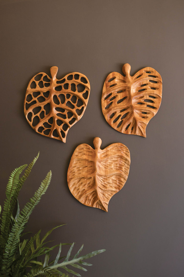 Set of 3 Carved Teakwood Leaves Wall Art