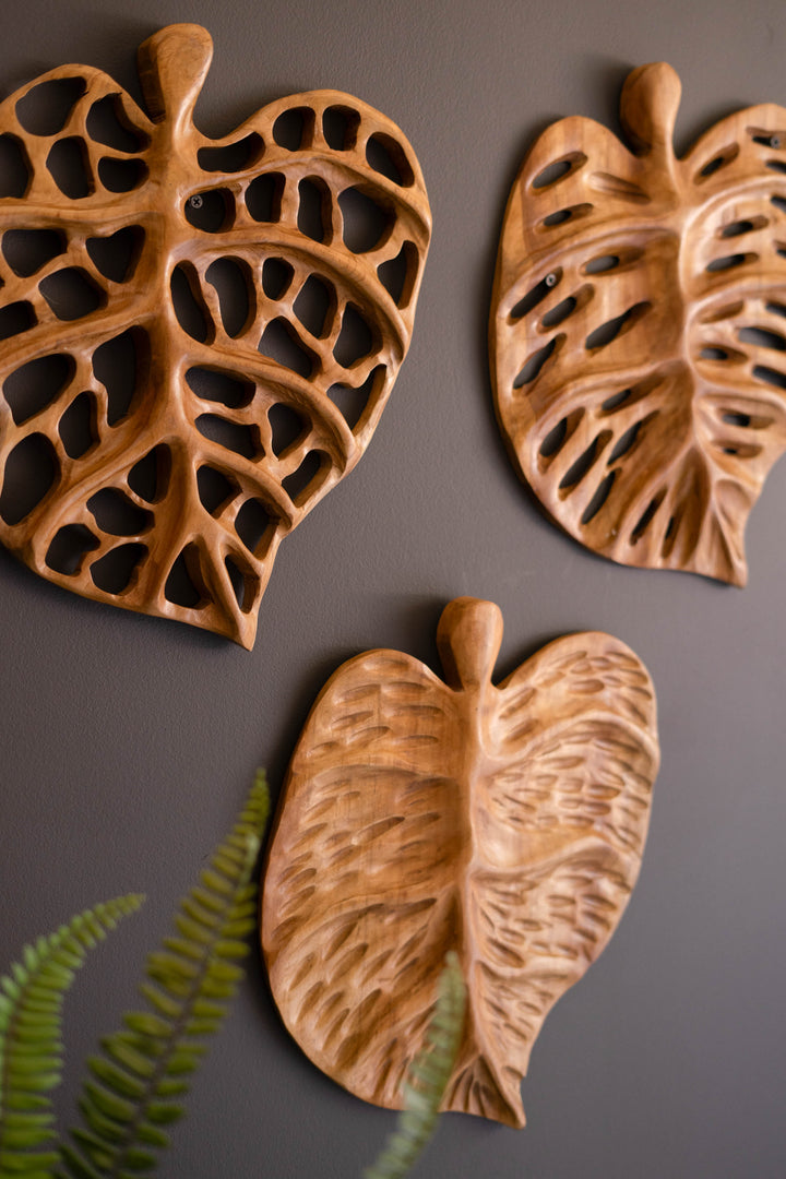 Set of 3 Carved Teakwood Leaves Wall Art