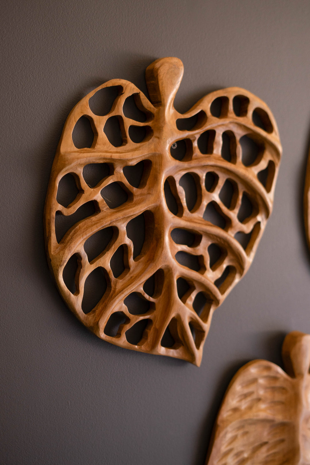 Set of 3 Carved Teakwood Leaves Wall Art