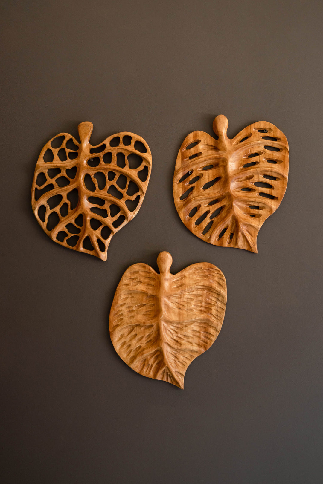 Set of 3 Carved Teakwood Leaves Wall Art