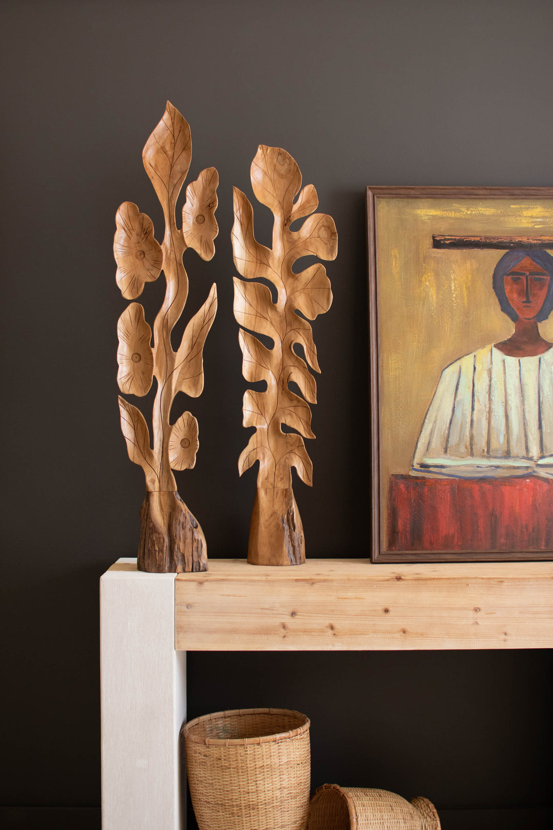 Set of 2 Botanical Teakwood Sculptures