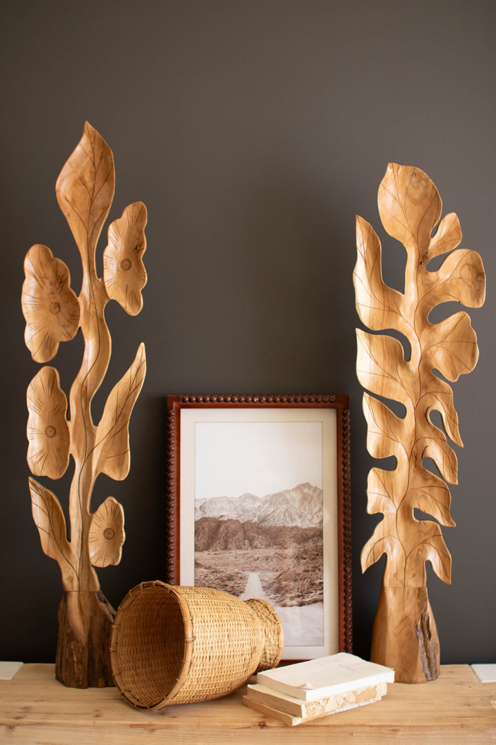 Set of 2 Botanical Teakwood Sculptures