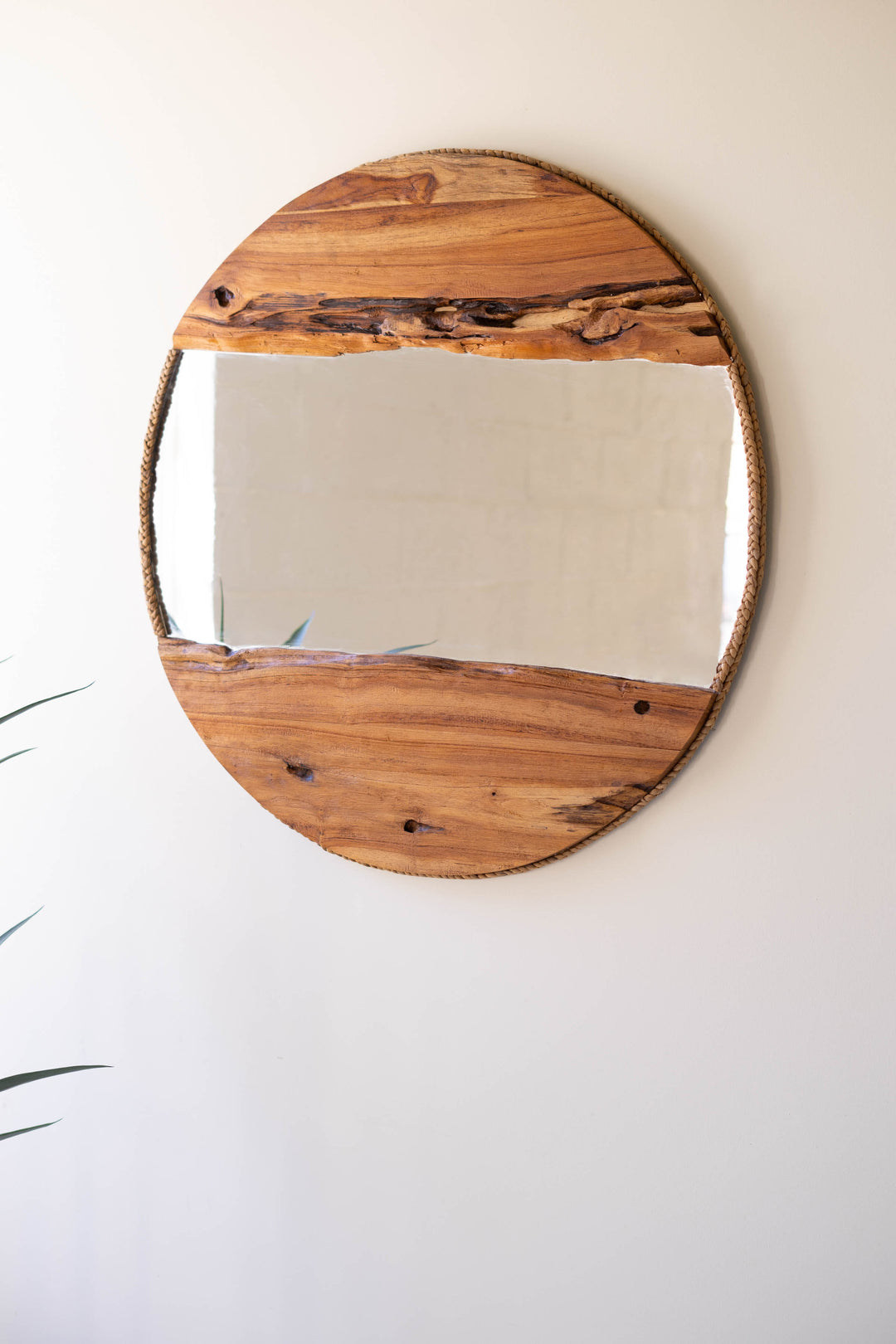 Round Recycled Wood Framed Mirror with Rope Detail