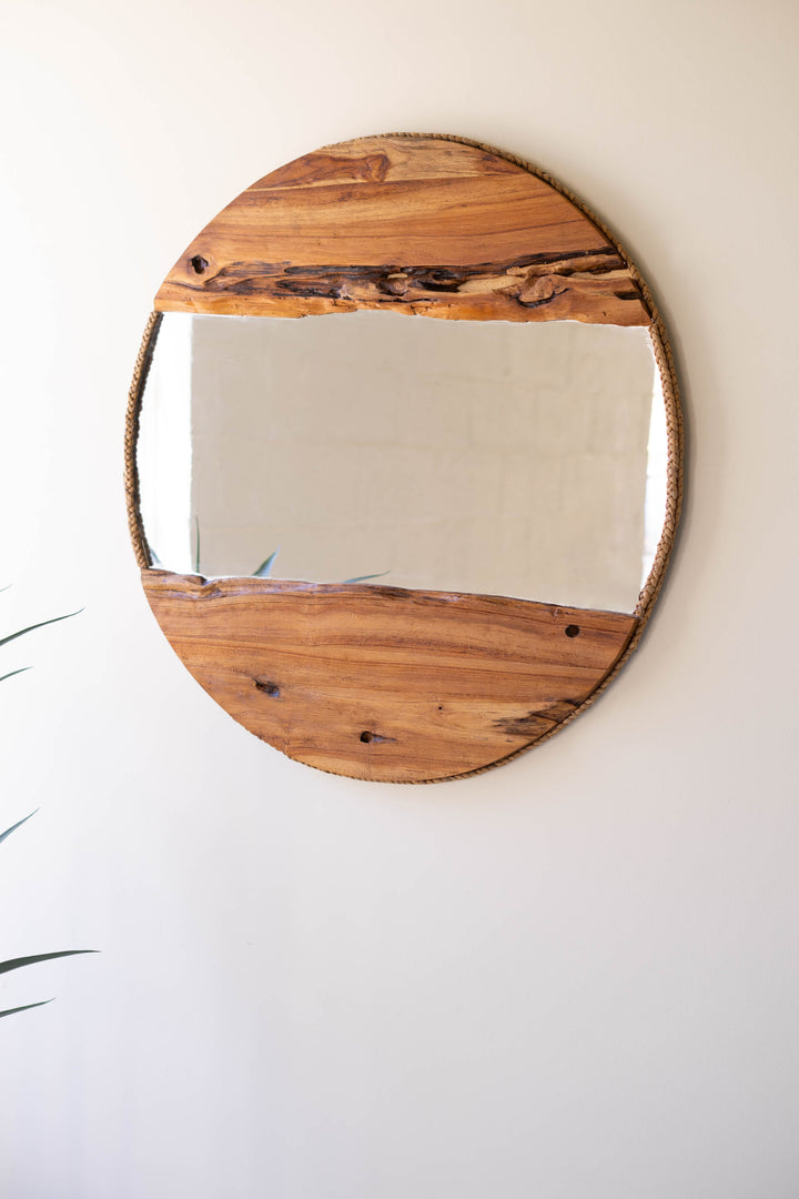 Round Recycled Wood Framed Mirror with Rope Detail