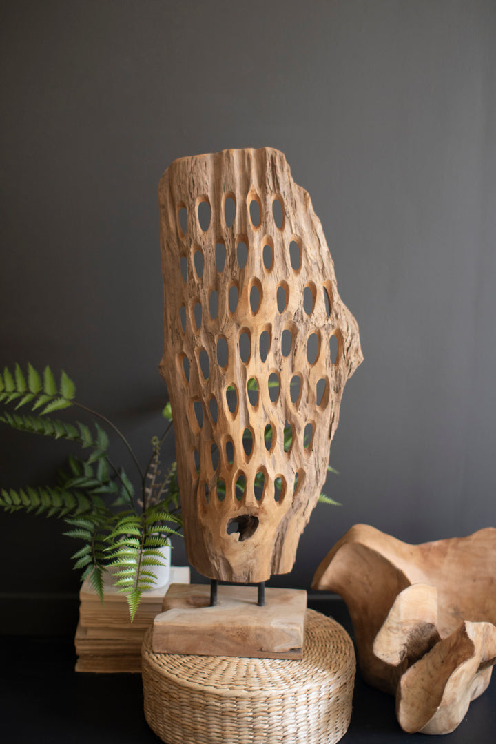 Perforated Carved Teak Wood Sculpture on a Base