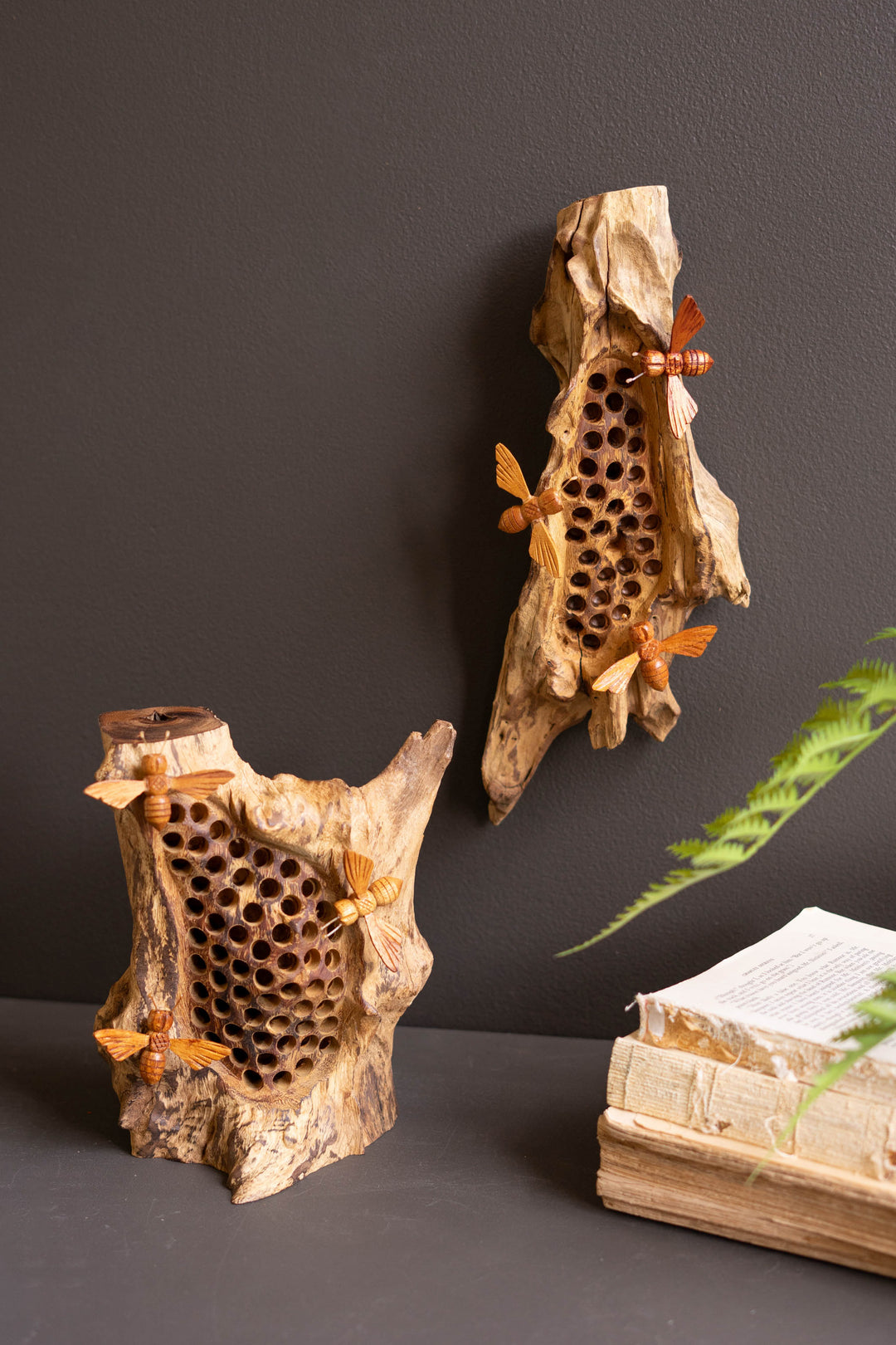 Repurposed Wall Hanging Sculpture with Hand-Carved Bees