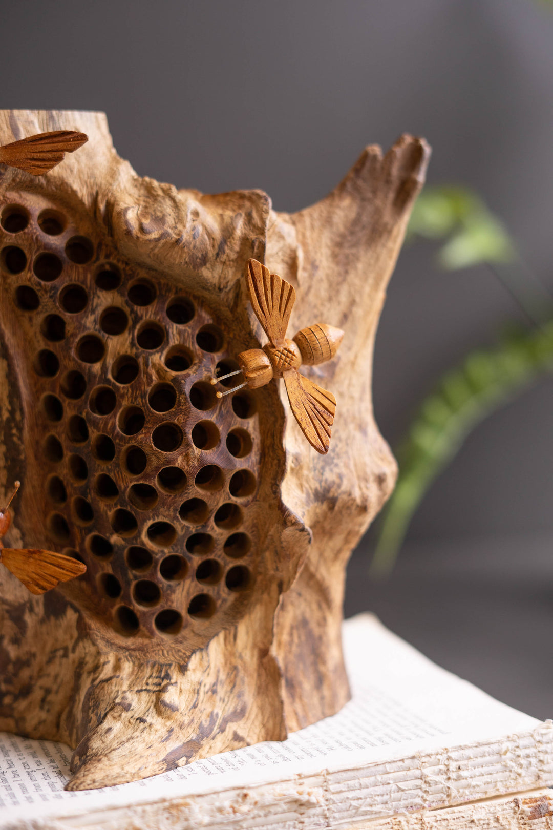Repurposed Tabletop Wood Sculpture with Hand-Carved Bees