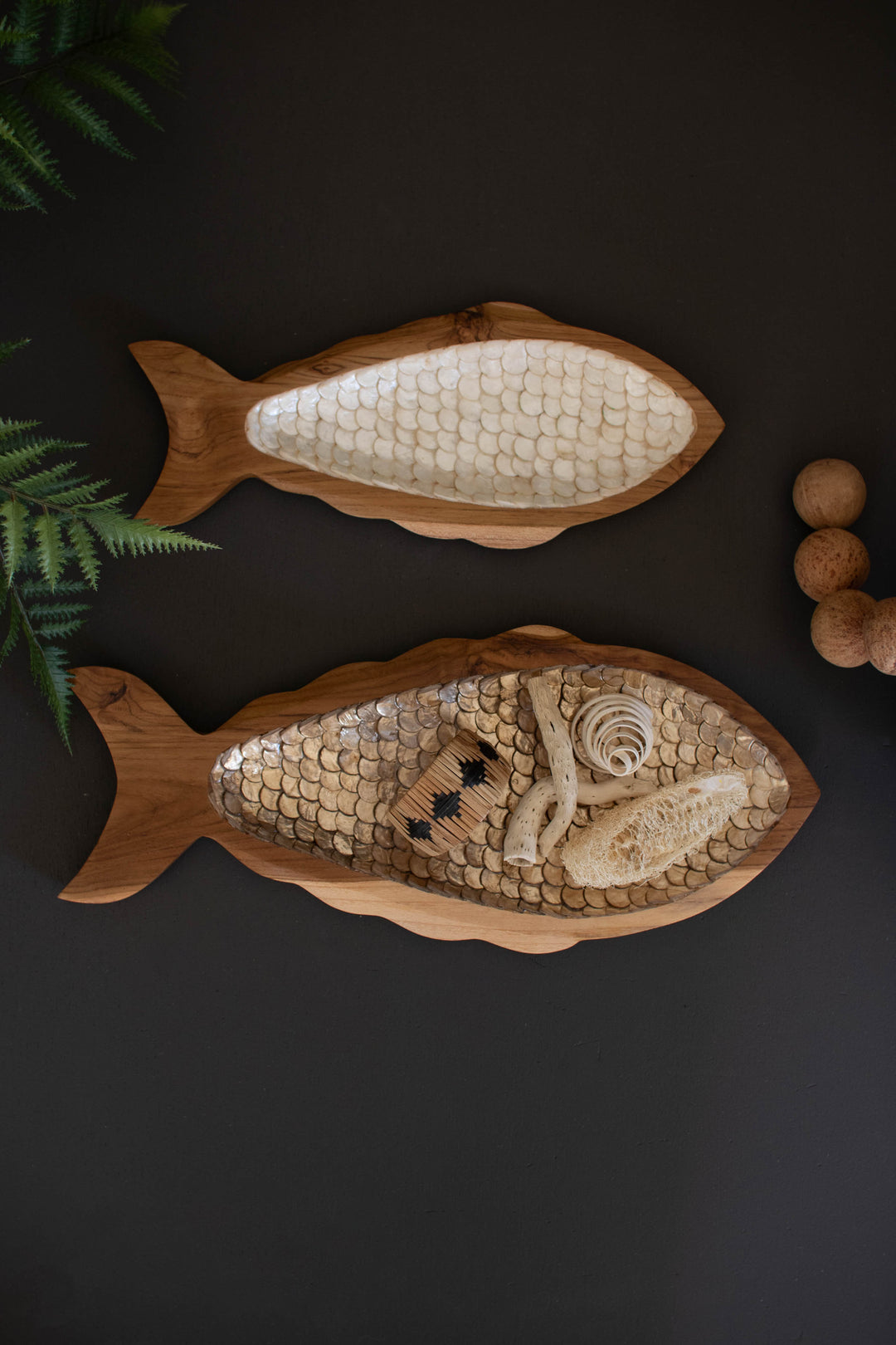 Set of 2 Carved Teak Fish with Capiz Detail